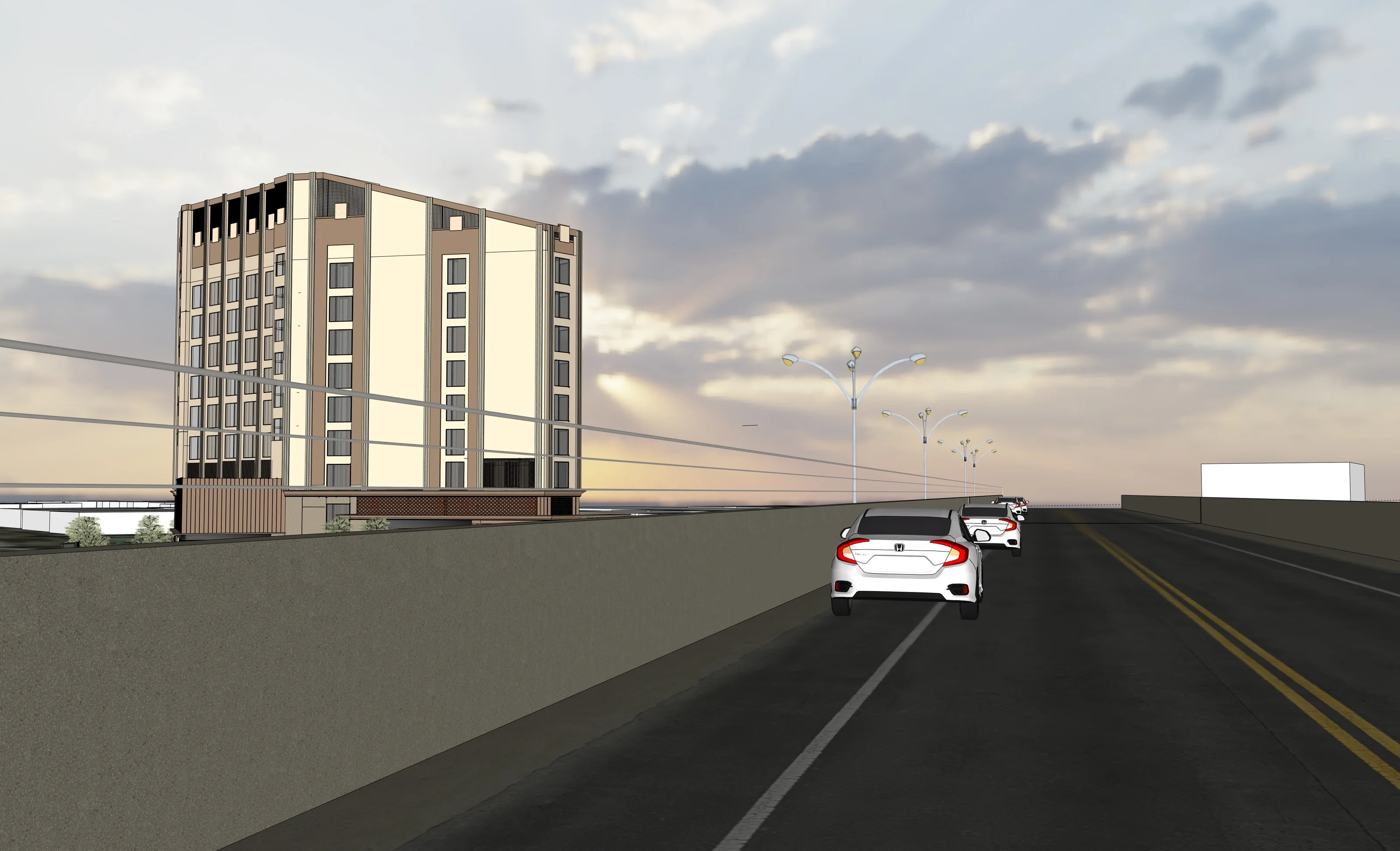 Hotel building elevation beside the Outer Ring Road flyover, RGA Group