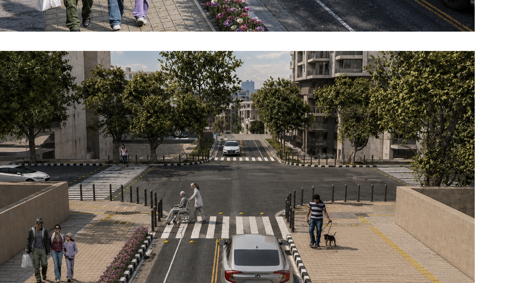 Street-level view of Nadiyona pedestrian interventions — enlarged