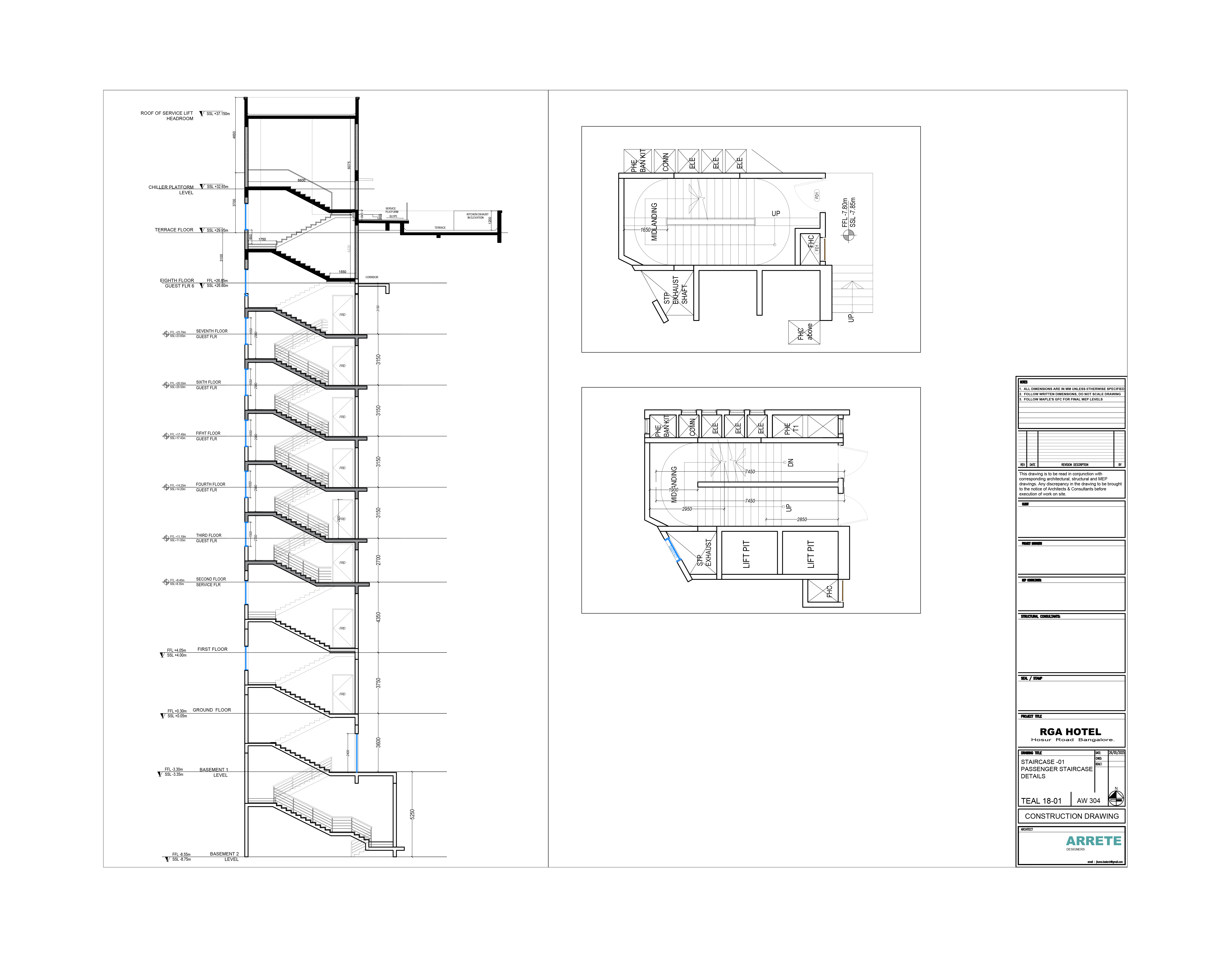 Passenger staircase construction drawing, RGA Hotel, Hosur Road Bangalore — enlarged