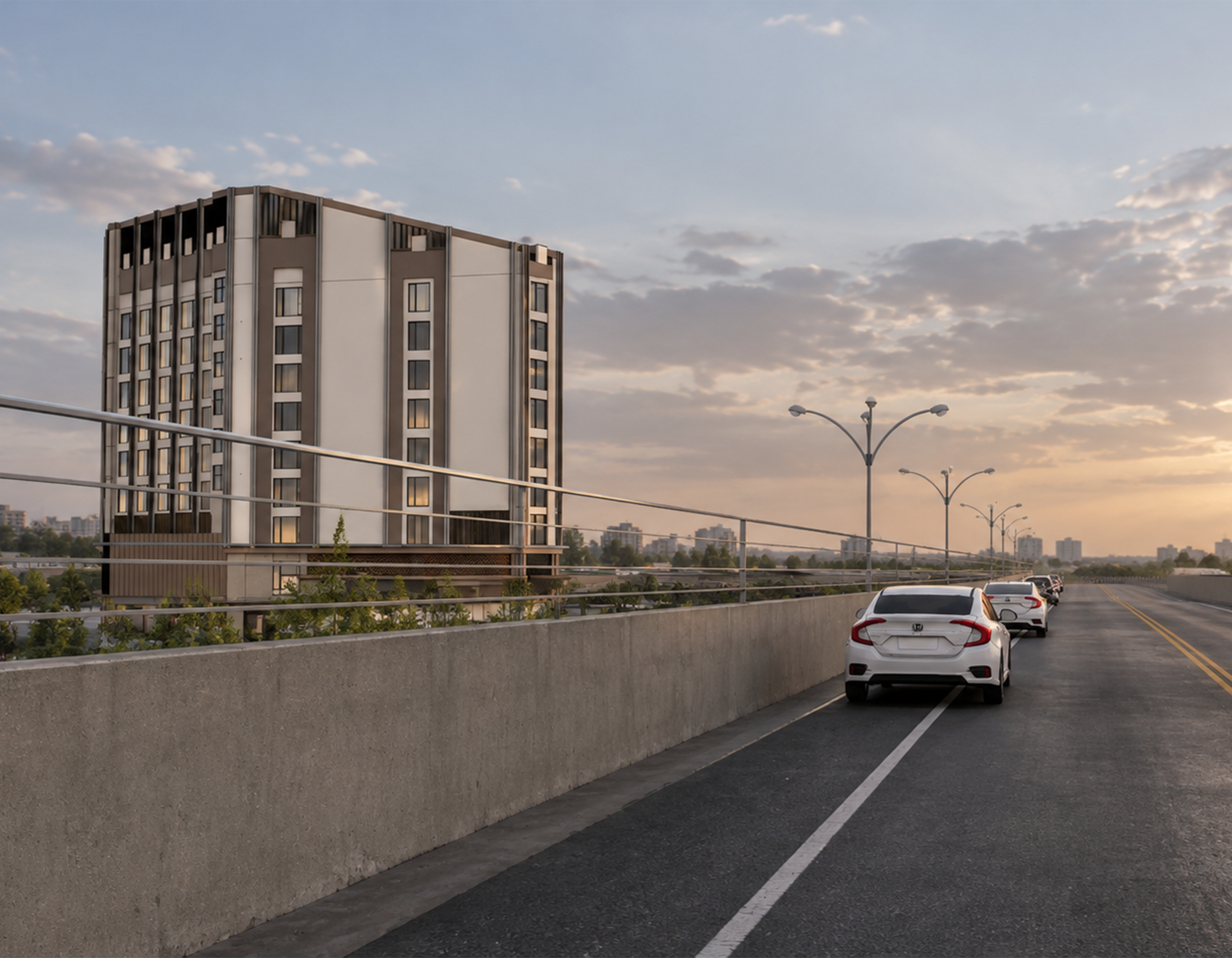 Hotel building elevation beside the Outer Ring Road flyover, RGA Group — enlarged