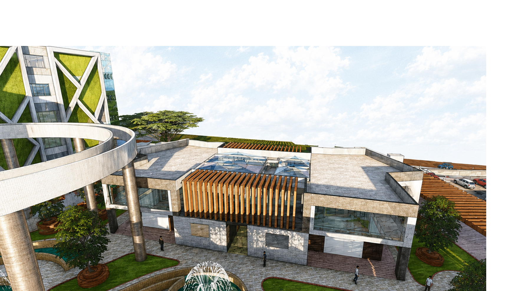 Aerial perspective of the vertical farming centre with courtyard, Chandigarh — enlarged