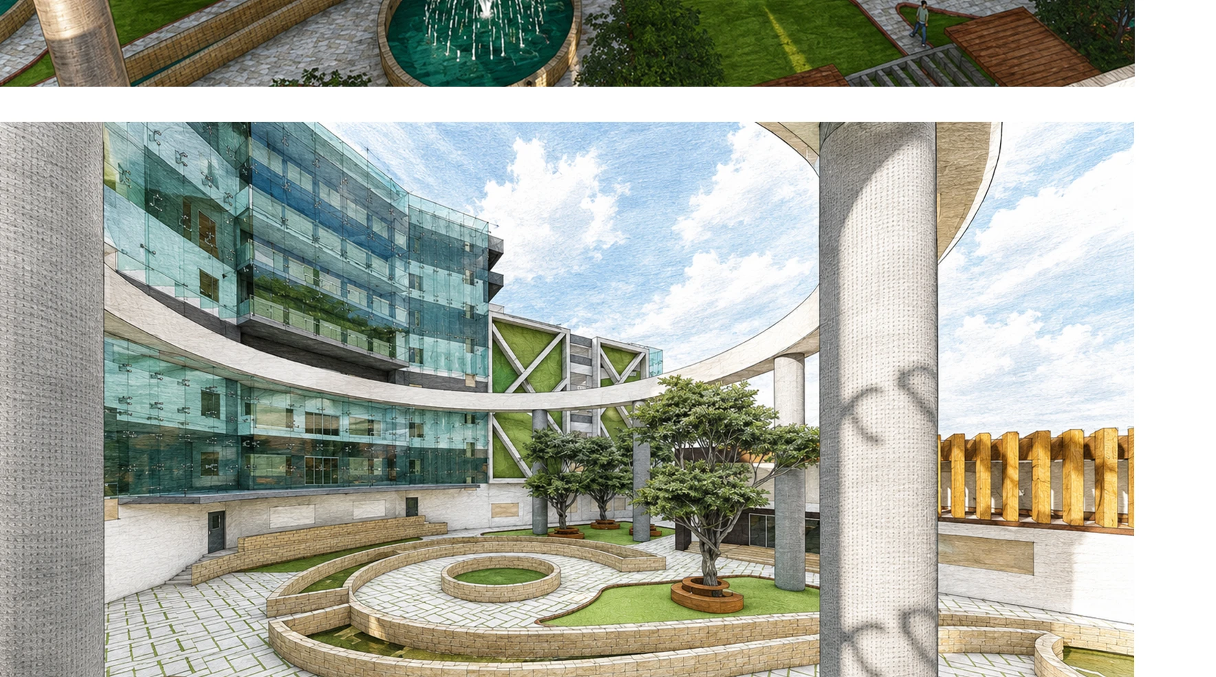Ground-level courtyard perspective, Vertical Farming thesis