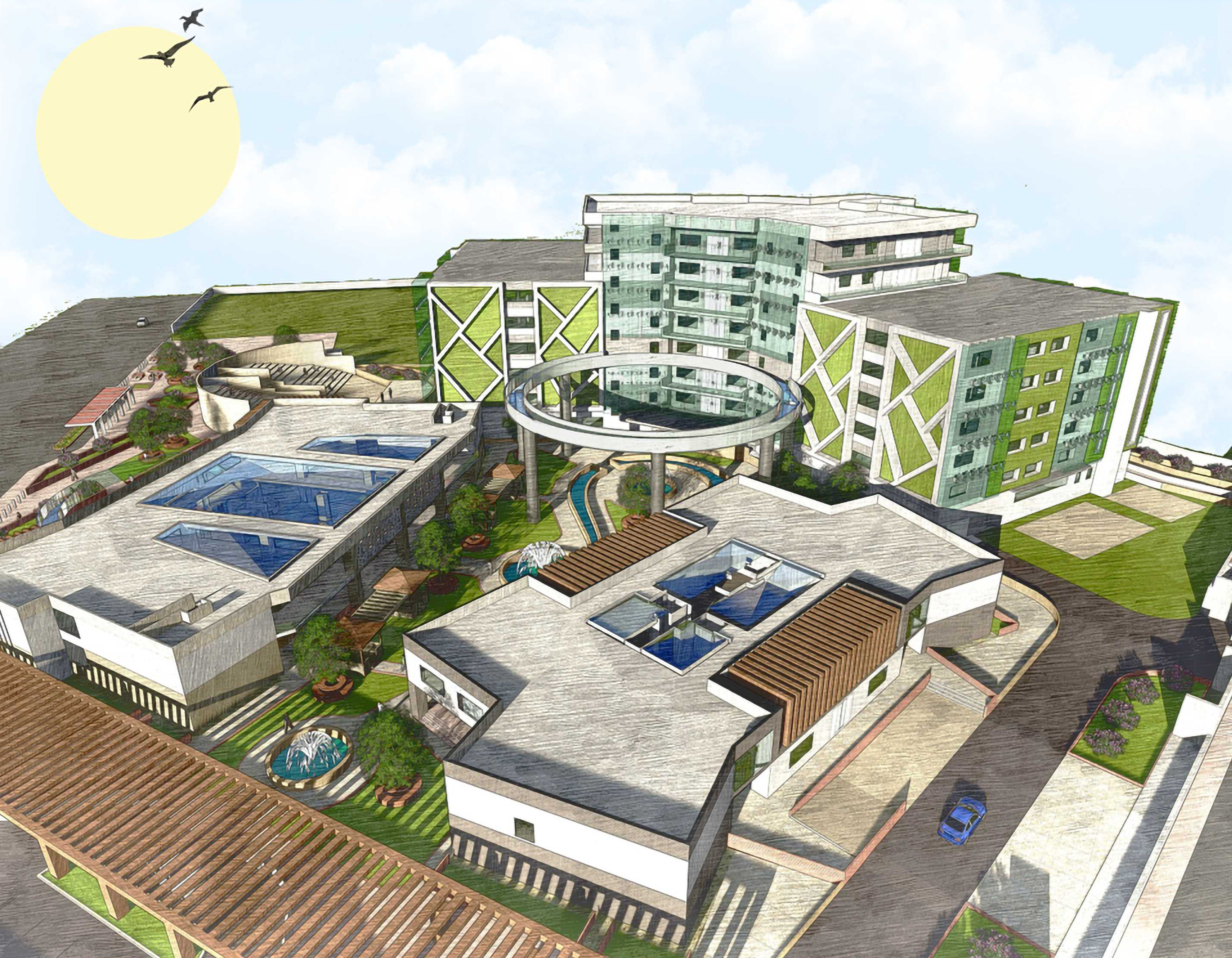 Aerial view of the Vertical Farming thesis centre, Chandigarh — enlarged
